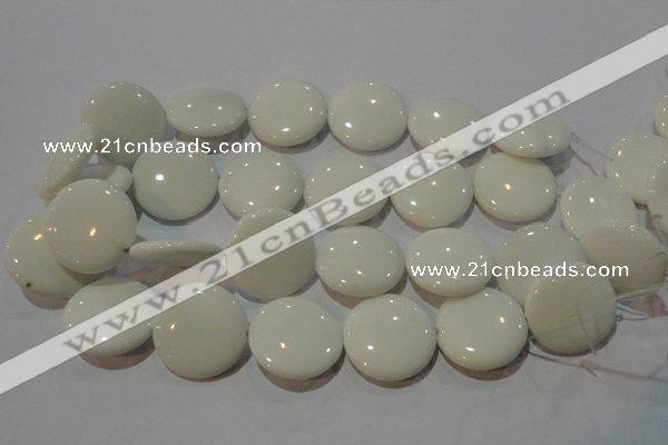 CAG3450 15.5 inches 30mm flat round white agate gemstone beads