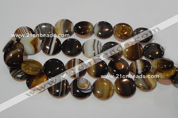 CAG3506 15.5 inches 25mm flat round brown line agate beads