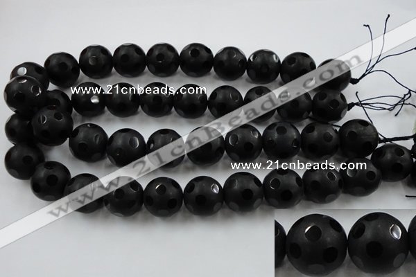 CAG3678 15.5 inches 22mm carved round matte black agate beads