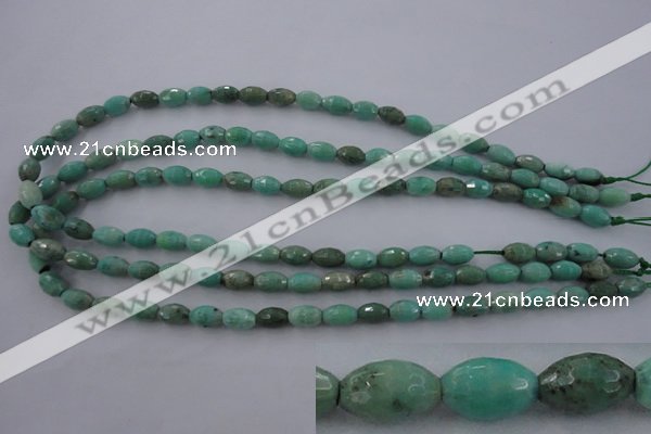 CAG3918 15.5 inches 6*10mm faceted rice green grass agate beads