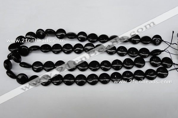 CAG4012 15.5 inches 14mm flat round black agate beads