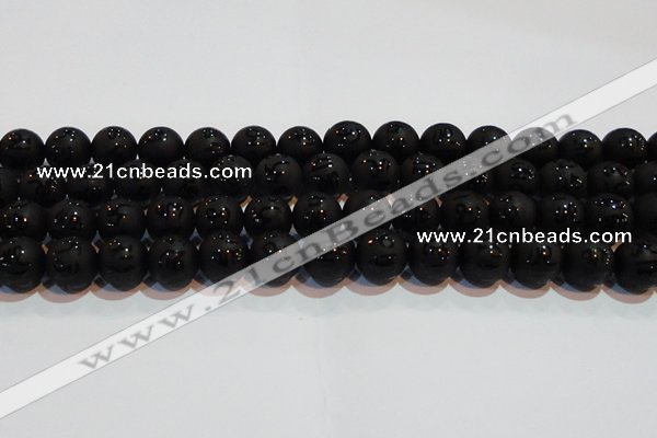 CAG6004 15.5 inches 12mm carved round matte black agate beads