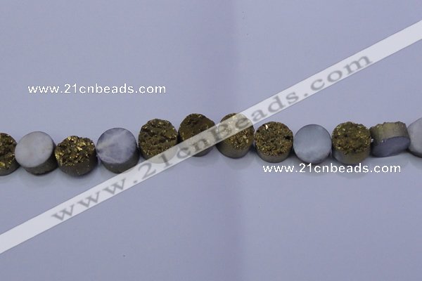 CAG7931 7.5 inches 12mm flat round plated white druzy agate beads