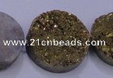 CAG7939 7.5 inches 28mm flat round plated white druzy agate beads