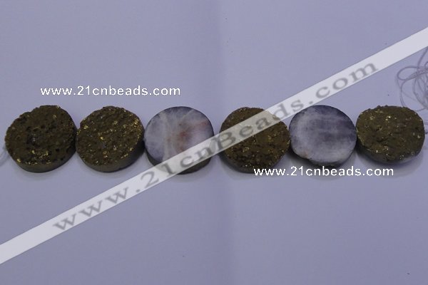 CAG7940 7.5 inches 30mm flat round plated white druzy agate beads