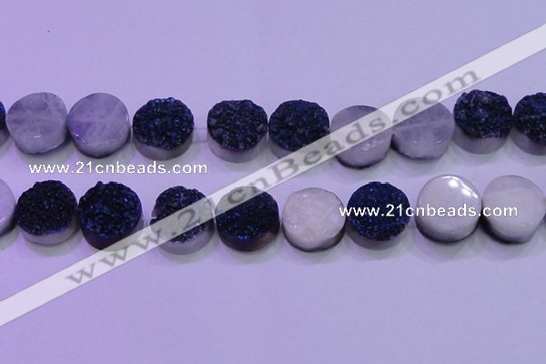 CAG8396 7.5 inches 25mm coin blue plated druzy agate beads