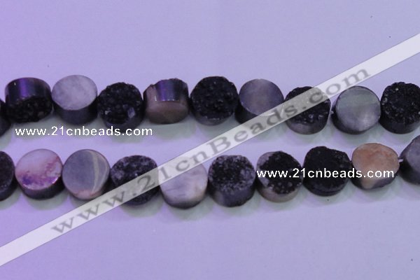 CAG8397 7.5 inches 25mm coin black plated druzy agate beads