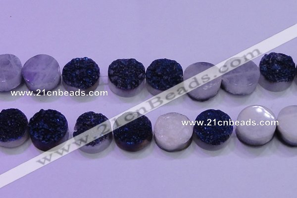 CAG8406 7.5 inches 30mm coin blue plated druzy agate beads