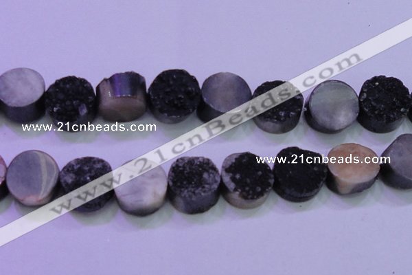 CAG8407 7.5 inches 30mm coin black plated druzy agate beads