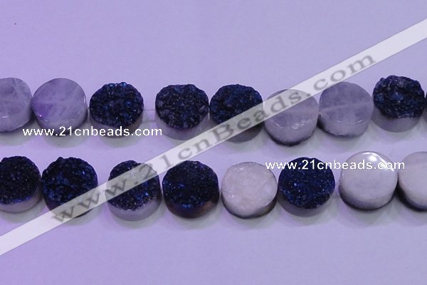 CAG8416 7.5 inches 35mm coin blue plated druzy agate beads