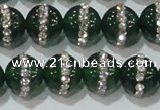CAG8622 15.5 inches 12mm round green agate with rhinestone beads