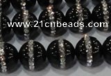 CAG8632 15.5 inches 12mm round black agate with rhinestone beads