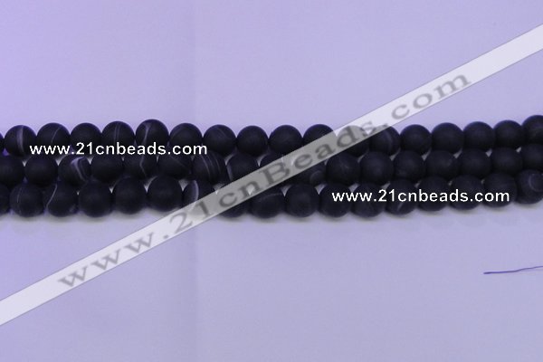 CAG8870 15.5 inches 4mm round matte black line agate beads