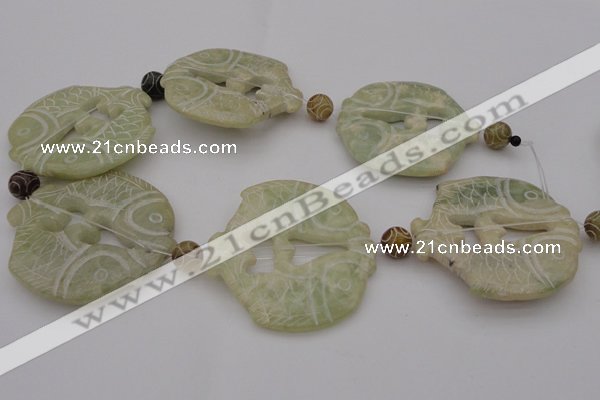 CAL28 14.5 inches 54*56mm carved fish agalmatolite beads