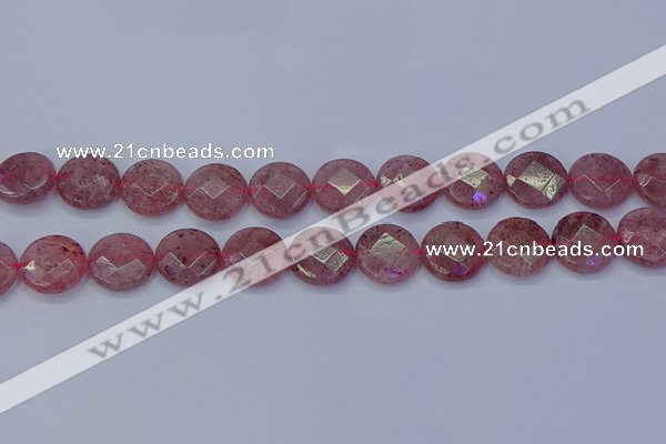 CBQ461 15.5 inches 14mm faceted coin strawberry quartz beads