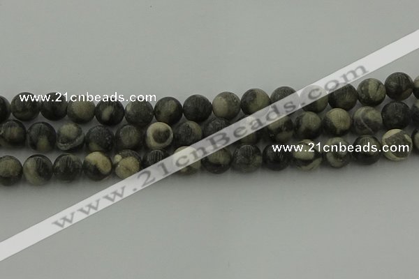 CBW164 15.5 inches 12mm round matte black fossil jasper beads