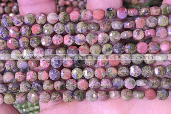 CCB1059 15 inches 4mm faceted coin unakite beads