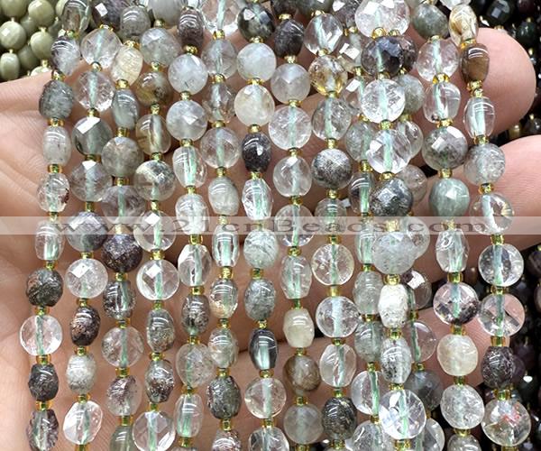 CCB1715 15 inches 6mm faceted coin green phantom quartz beads