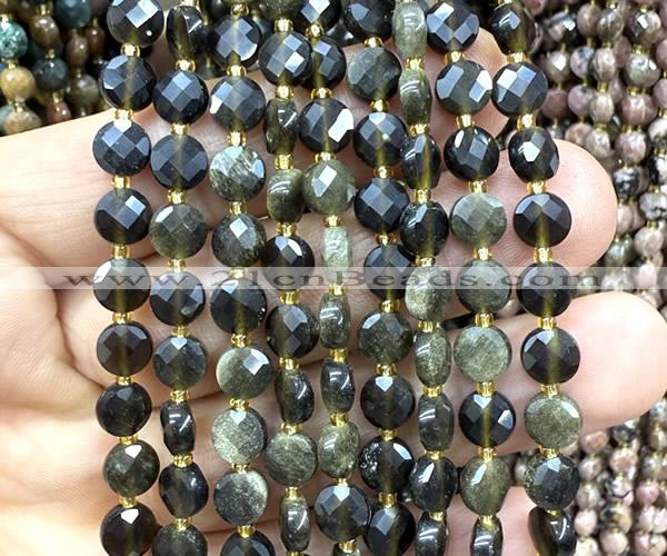 CCB1827 15 inches 6mm faceted coin golden obsidian beads
