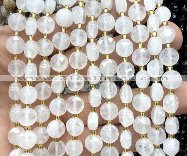 CCB1900 15 inches 8mm faceted coin Angolan white quartz beads