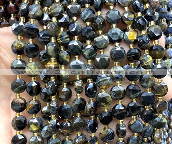 CCB2051 15 inches 8mm faceted coin yellow & blue tiger eye beads