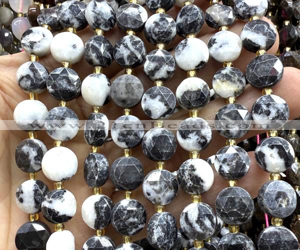 CCB2161 15 inches 10mm faceted coin black & white jasper beads