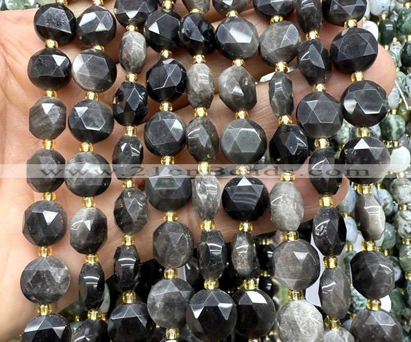 CCB2193 15 inches 10mm faceted coin silver obsidian beads