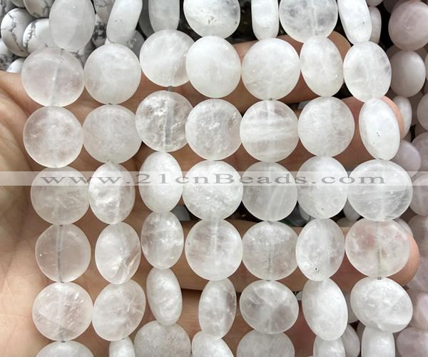 CCB2250 15 inches 15mm flat round matte Angolan white quartz beads