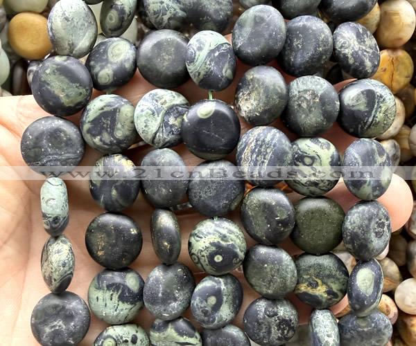 CCB2261 15 inches 15mm flat round matte kambaba jasper beads