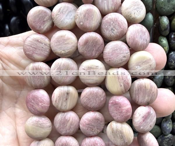 CCB2263 15 inches 15mm flat round matte pink wooden jasper beads