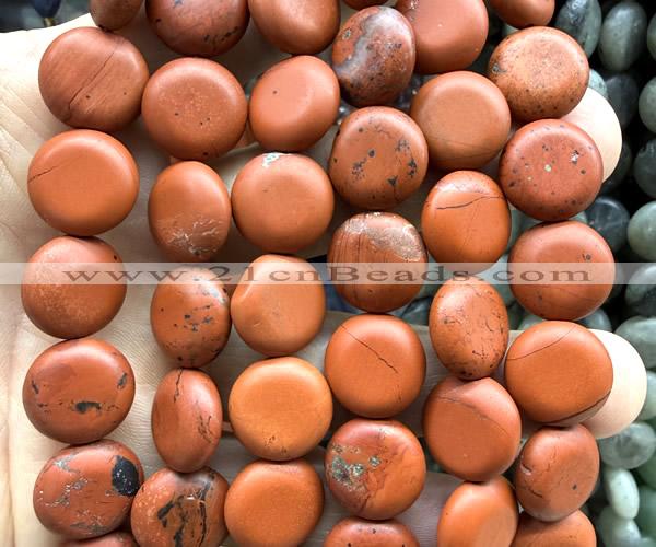CCB2264 15 inches 15mm flat round matte red jasper beads wholesale