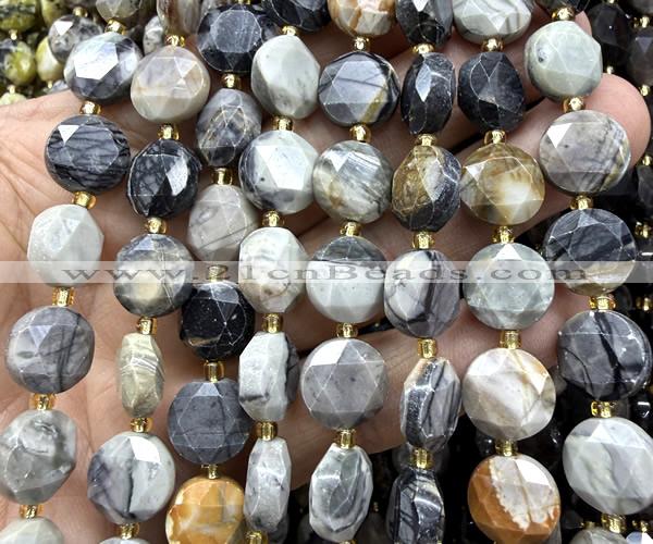 CCB2340 15 inches 12mm faceted coin black picasso jasper beads