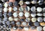 CCB2340 15 inches 12mm faceted coin black picasso jasper beads