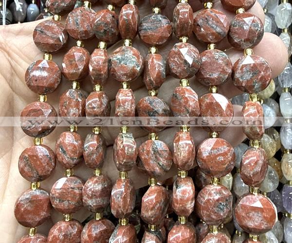 CCB2348 15 inches 12mm faceted coin red sesame jasper beads