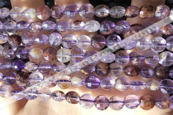 CCB603 15.5 inches 6mm faceted coin purple phantom quartz beads