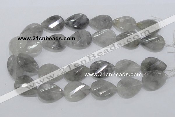 CCQ173 22*30mm twisted & faceted flat teardrop cloudy quartz beads