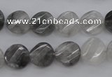 CCQ272 15.5 inches 12mm faceted & twisted coin cloudy quartz beads