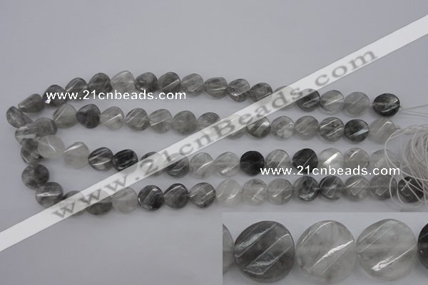 CCQ272 15.5 inches 12mm faceted & twisted coin cloudy quartz beads