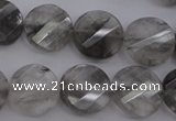 CCQ273 15.5 inches 15mm faceted & twisted coin cloudy quartz beads