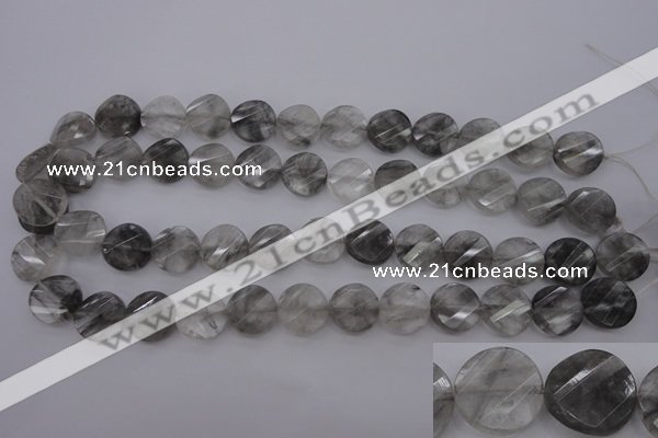 CCQ273 15.5 inches 15mm faceted & twisted coin cloudy quartz beads