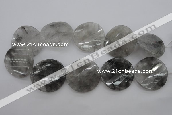 CCQ277 15.5 inches 40mm faceted & twisted coin cloudy quartz beads