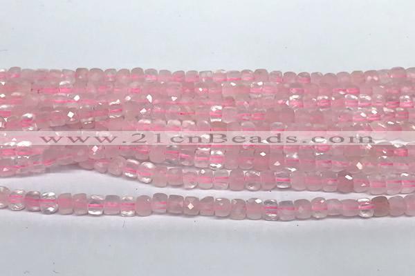 CCU1006 15 inches 4mm faceted cube rose quartz beads