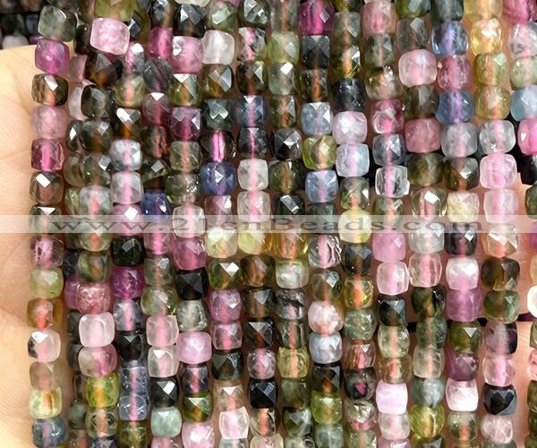 CCU1843 15 inches 4mm faceted cube tourmaline gemstone beads