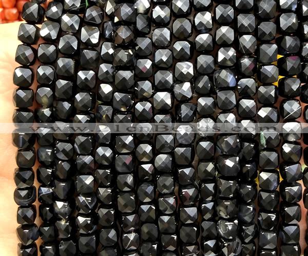 CCU1890 15 inches 4mm faceted cube black agate beads