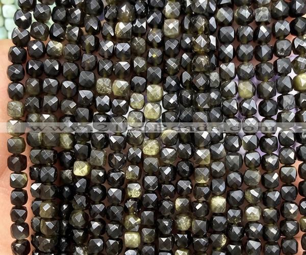 CCU1918 15 inches 4mm faceted cube golden obsidian beads