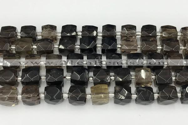 CCU772 15 inches 10*10mm faceted cube smoky quartz beads