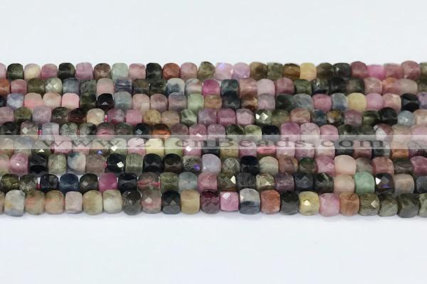 CCU838 15 inches 4mm faceted cube tourmaline beads
