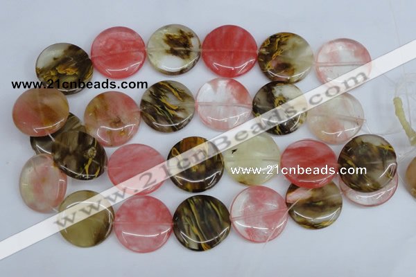 CCY214 15.5 inches 30mm flat round volcano cherry quartz beads