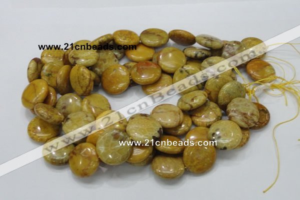 CFA44 15.5 inches 25mm flat round yellow chrysanthemum agate beads