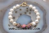 CFB1052 Hand-knotted 9mm - 10mm potato white freshwater pearl & rhodonite bracelet